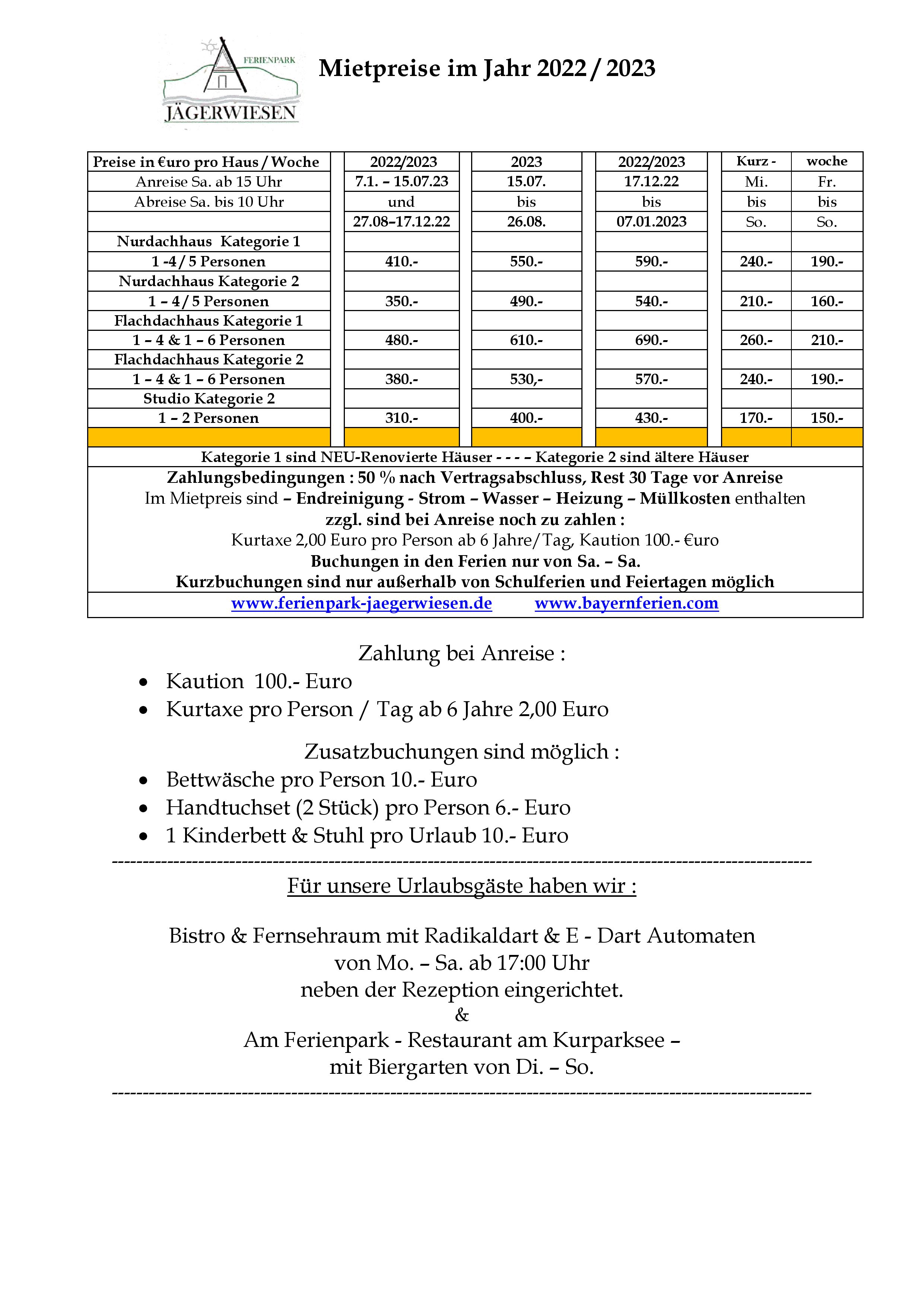 Preisliste 2022 & 2023  bayernferien.com
